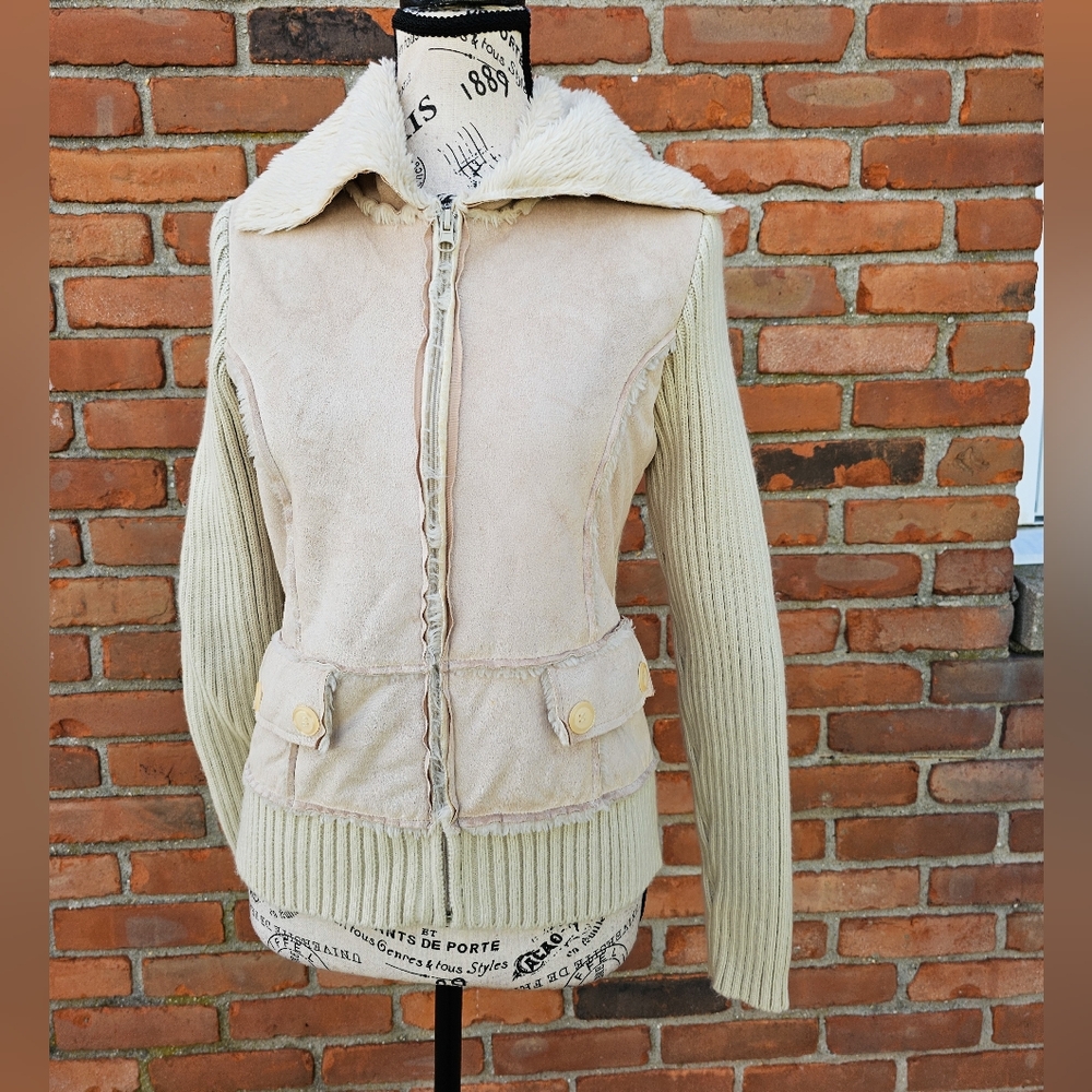 Vintage Glimmer Faux Suede Knit Sweater Jacket – Tan (Size M)